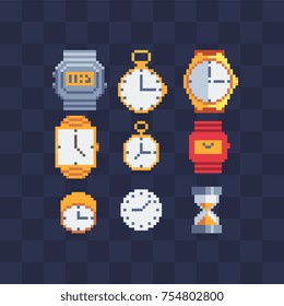 Pixel art icon set. Loading icon, hourglass, stopwatch and golden watches.  Stickers design.  Isolated vector illustration. 8-bit sprites. Old school computer graphic style.