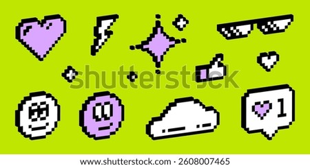 Pixel art icon set for social media. speech bubble. 3d geometric abstract elements. Vector graphics. retro digital style. gaming y2k style. Smile, like, cloud, hearts, meme glasses.