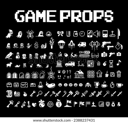 Pixel art icon set, various vector objects. Black and white pixel icons 1-bit, 8-bit. Vector isolated.