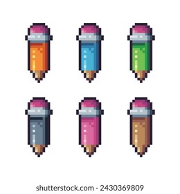Pixel art icon sets of pencil for writing a task or studying, Simple pixelated style icon of pencil, 8bits, vector illustration for asset.