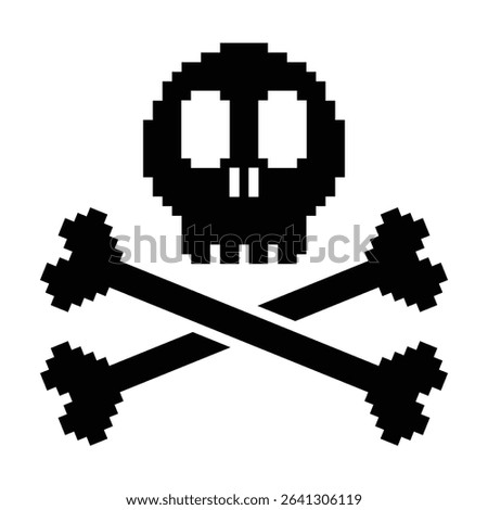 pixel art of icon of a skull with two crossed bones underneath, designed in a minimalist cartoon style. Often used as a symbol for danger, poison, death, or piracy. Suitable for warning signs
