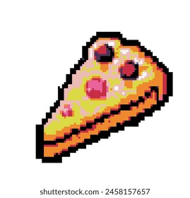 Pixel-Art-Ikone einer Pizzaschnitte auf weißem Hintergrund.