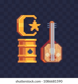 Pixel art icon. Star and crescent symbol of Islam. Barrel oil. String music instrument. Isolated vector illustration. 8-bit. Design for stickers, logo, mobile app.