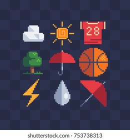Pixel art icon stickers set. Knitted design. Sun, cloud, sports t-shirt, basketball, tree, drop and umbrella. Isolated vector illustration. Retro video game sprite.  