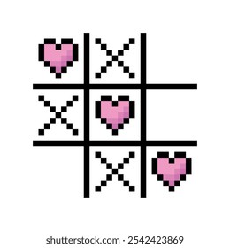 Pixel art icon of a tic-tac-toe game with a Valentine's theme. A charming, retro-inspired symbol of love in a playful, minimalist style.