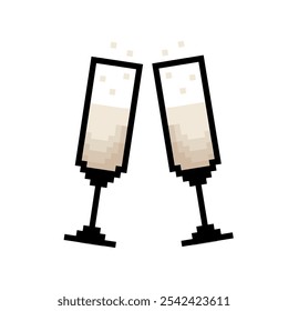 Pixel art icon of two champagne glasses in 8-bit style, celebrating love and special moments. Vector illustration on a transparent background.