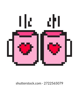 Pixel art icon of two pink mugs with hearts and steam. Retro 8-bit romantic coffee date symbol for Valentine Day. Pixelated tea cup pair vector illustration isolated on white.