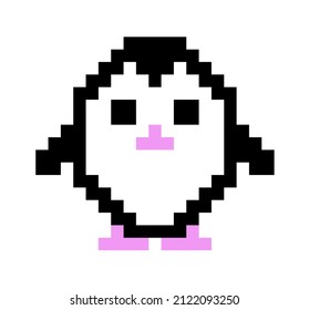  Pixel art icon for video game and print on different product. Cute penguin isolated vector illustration on white background. Design in black, white and pink colors. 