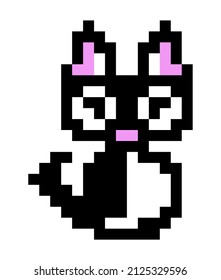 Pixel art icon for video game and print on different product. Cute cat (kitten) isolated vector illustration on white background. Design in black, white and pink colors. 
