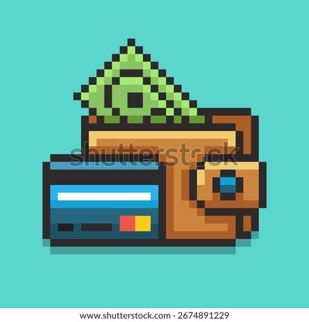 Pixel art icon of a wallet filled with cash and a credit card. This simple and clear illustration is a perfect symbol for finance, payment, and commerce