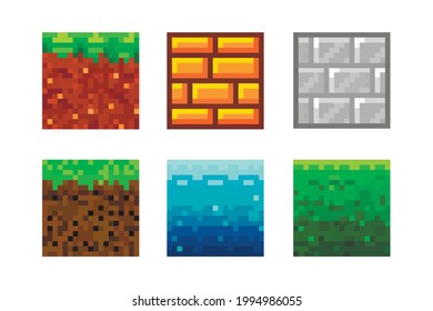 Pixel Art Icons. 2D Textures for 8-bit games. Set of vector pixel textures. Objects for a pixel game. The concept of games background. Vector illustration 