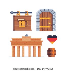 Pixel art icons. 80s style. Symbols country Germany. Stickers design. German jornely travel landmark. Berlin building. Signboard pub. National traditional elements. Isolated vector illustration. 