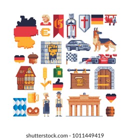 Pixel art icons. 80s style. Symbols country Germany. Stickers design. German jornely travel landmark. National traditional elements. Isolated vector illustration. 