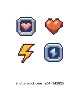 Ícones de arte de pixel em estilo retro de 8 bits, saúde, símbolos de energia, relâmpagos, emoldurados, ideal para uso em HUDs de videogame, interfaces RPG ou design de interface de usuário baseada em pixel.