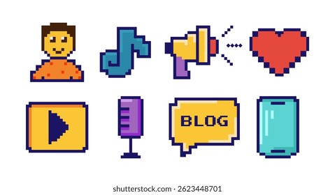 Pixel art icons with blogger, music note, megaphone, heart, smartphone, microphone,button, speech bubble, etro digital design, social media content, influencer, web development.Vector illustration set