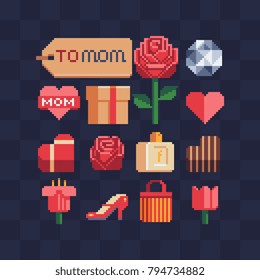 Pixel art icons. Element for the design of the greeting card International Women's Day, Mother's Day. Logo for flower or jewelry store, website. Happy Valentine's Day. Isolated vector illustration.