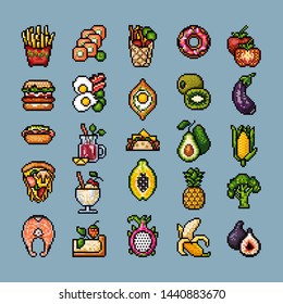 Pixel art. Icons. Food. Vegetables, fruits and snacks.