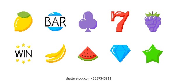 Pixel art icons of fruit, symbols, and objects in retro 8-bit style. The colorful icons include a lemon, diamond, and number seven.