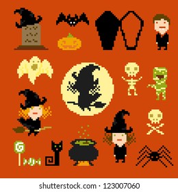 Pixel Art Icons For Halloween, Vector