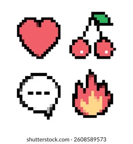 Pixel Art Icons Heart Cherries Chat Bubble and Fire