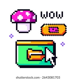 Pixel art icons including a pink mushroom, WOW text, yellow patch, and a browser window with cursor, on white background. Concept of retro digital design. Vector illustration