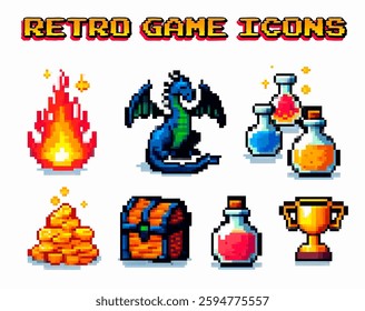 Pixel art icons inspired by retro games, featuring a flame, dragon, potions, gold, treasure chest, and trophy. Vibrant and colorful, capturing the nostalgic charm of classic gaming graphics.
