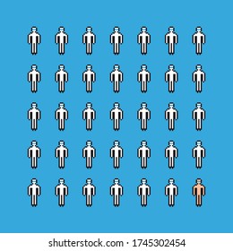 Pixel art icons mini set. Many doctors and one person, icons. 8 bit game asset. Vector.