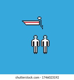 Pixel art icons mini set. Two doctors and ambulance boat, icons. 8 bit game asset. Vector.