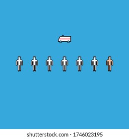 Pixel Art Icons mini Set. Viele Ärzte und eine Person mit Krankenwagen, Symbole. 8-Bit-Spielwert. Vektor.