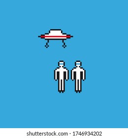 Pixel art icons mini set. Two doctors and ufo, icons. 8 bit game asset. Vector.