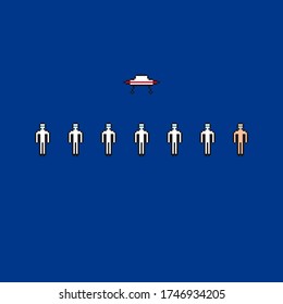 Pixel art icons mini set. Many doctors, one person and ufo, icons. 8 bit game asset. Vector.
