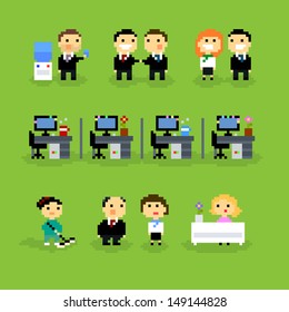 Pixel Art icons with office people, vector illustration