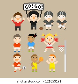 Pixel art icons with people on sport theme, vector