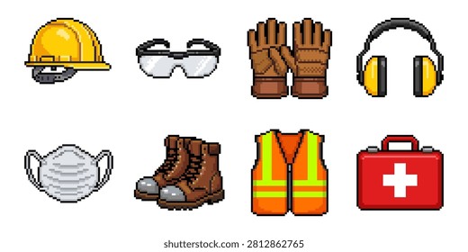 Pixel art icons of personal protective equipment for safety and protection at work