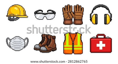 Pixel art icons of personal protective equipment for safety and protection at work