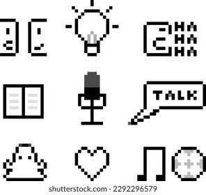 Pixel art icons related to podcasting and communication, including microphone, talk bubble, book, music note, lightbulb, and heart in monochrome 8-bit style.