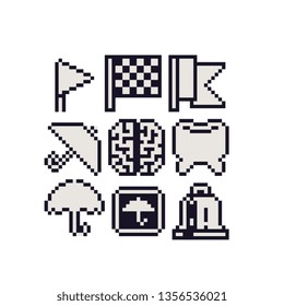 Pixel art icons set, checkered flags, bell and brain, tooth, umbrella button element design for logo mobile app, stamp, web, sticker. Isolated 80s abstract vector illustration. 1-bit sprites. 