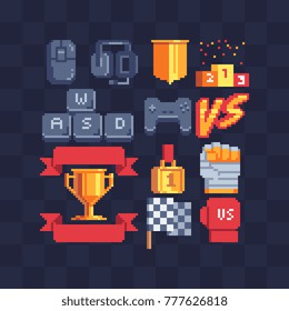 Pixel Art Icons Set. Computer Gamer Devices. Game Tournament Achievement, Versus Logo. Winner's Trophy Award. 8-bit Sprite. Game Assets. Isolated Abstract Vector Illustrations.