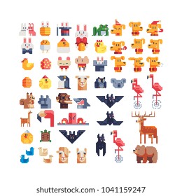 Pixel art icons set cute animals characters, design element of children's book, application, logo, sticker. Game assets 8-bit sprite sheet. Easter bunny and chicken, dog. Isolated vector illustration.