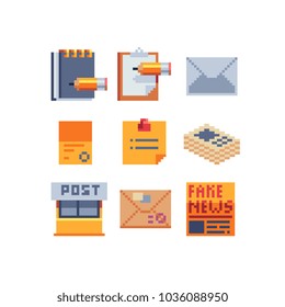 Pixel art icons set data, document, newspaper, note, post office and message isolated vector illustration. Edit content with pencil sign.Element design for sticker, logo, web, mobile app.