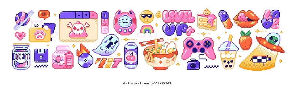 Pixel art icons set. Design elements of 8bit arcade video games. 8 bit emoticons, computer interface of videogame in retro style. Y2K stickers. Vector illustrations isolated on white background
