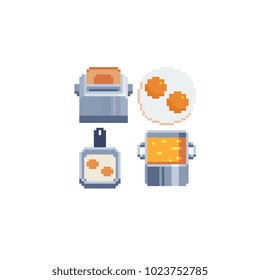 Pixel art icons set dishware and cooking breakfast food dishes. Toaster with toast, frying pan and fried eggs, saucepan with soup isolated vector flat illustration. 8-bit sprite. 