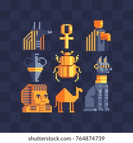 Pixel art icons set. Egyptian gods and mythology. Flat style. Symbols of Ancient Egypt Anubis, cat, pharaoh characters. Sphinx, camel, vase and scarab beetle. Isolated abstract vector illustrator. 