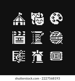 Pixel art icons set, emoji. Retro 80s pixel art. Flat style. Old school computer graphic design. 1-bit sprite. Game assets. Isolated vector illustration.