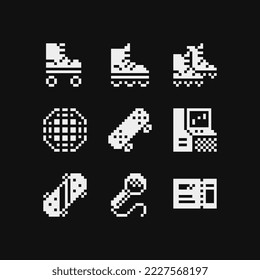 Iconos de arte de píxeles establecidos, emoji. Arte de píxeles retro de 80. Estilo plano. Diseño gráfico de computadoras de la vieja escuela. Sprite de 1 bit. Activos de juego. Ilustración vectorial aislada.