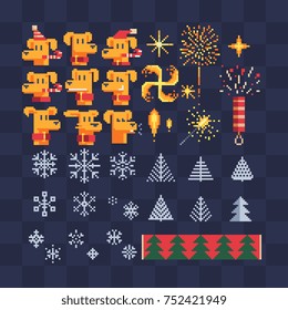 Pixel art icons set. fireworks and yellow dogs. Snowflakes and christmas tree knit design.  Winter season symbols. Isolated vector illustration