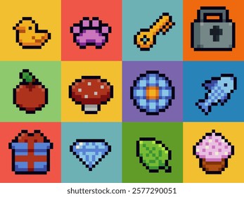 Pixel art icons set, flat, mobile apps icons. Office stationery, Internet technology. Design applications. 8-bit. Game assets. Isolated retro pixel art vector illustrations set.