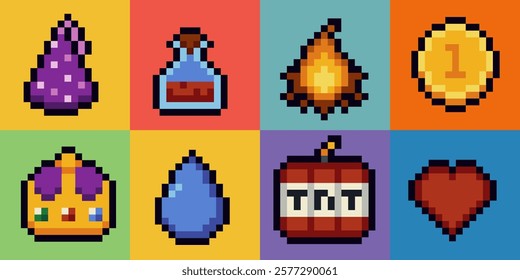 Pixel art icons set, flat, mobile apps icons. Office stationery, Internet technology. Design applications. 8-bit. Game assets. Isolated retro pixel art vector illustrations set.