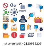 Pixel art icons set. Hacker man character with laptop, internet, code, bug, key. E-mail spam viruses bank account hacking. Internet crime concept. Online scam and steal.