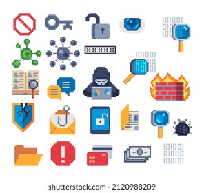 Pixel art icons set. Hacker man character with laptop, internet, code, bug, key. E-mail spam viruses bank account hacking. Internet crime concept. Online scam and steal.